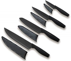 coltello da cucina con blocco per coltelli Set di 6 coltelli in ceramica 4 coltelli in ceramica e 1 pelapatate multiuso EwigYou 